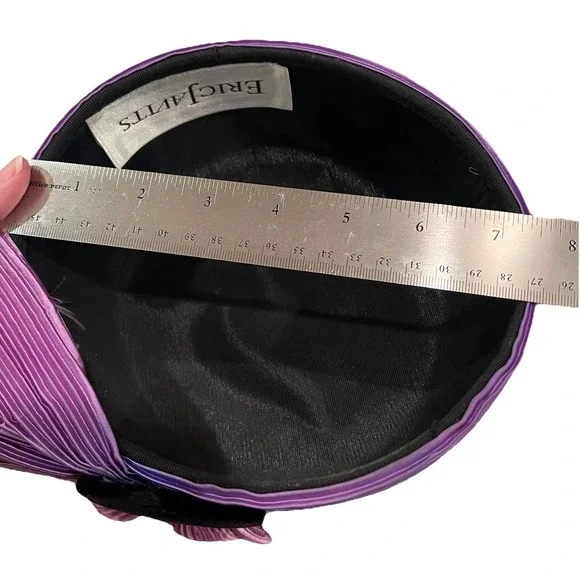 Eric Javits Vtg Pillbox Hat Fascinator Purple Pleats Velvet 80s Easter Statement - Picture 8 of 9